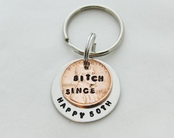 Funny Gift, 50th Birthday 1976, 50th Birthday Women, Hand Stamped Keychain, Penny Keychain, 50th Birthday Keychain, YOU CHOOSE YEAR