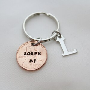 Sobriety Anniversary, Initial Keychain, Initial Charms, Penny Keychain, Recovery Anniversary, Sobriety Coin, Sobriety Gift, YOU CHOOSE YEAR