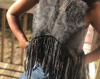 Halter top, fringes, faux leather, poncho, hippie top, boho chic, sexy top, unique dress top, badass, open back, laceup top, deep back top