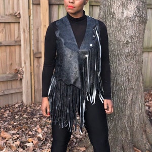 Faux Leather, Fringe Vest, Unique Dress Top, Unisex, Fringes, Cowboy, Western, Music Festival, BohoChic, Vegan Black leather, Cowgirl, image 3