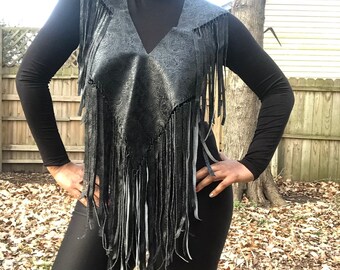 Faux leather, Fringe Vest, Unique dress top, Poncho, Fringes, Bohochic, Cowboy, Music Festival, Uneven hem, Western, Badass,