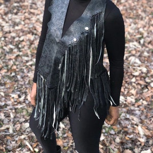 Faux Leather, Fringe Vest, Unique Dress Top, Unisex, Fringes, Cowboy, Western, Music Festival, BohoChic, Vegan Black leather, Cowgirl, image 2