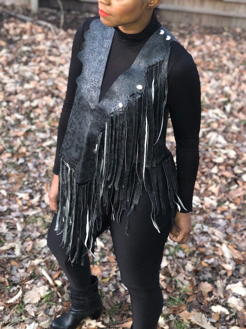 Faux Leather, Fringe Vest, Unique Dress Top, Unisex, Fringes, Cowboy, Western, Music Festival, BohoChic, Vegan Black leather, Cowgirl, image 2