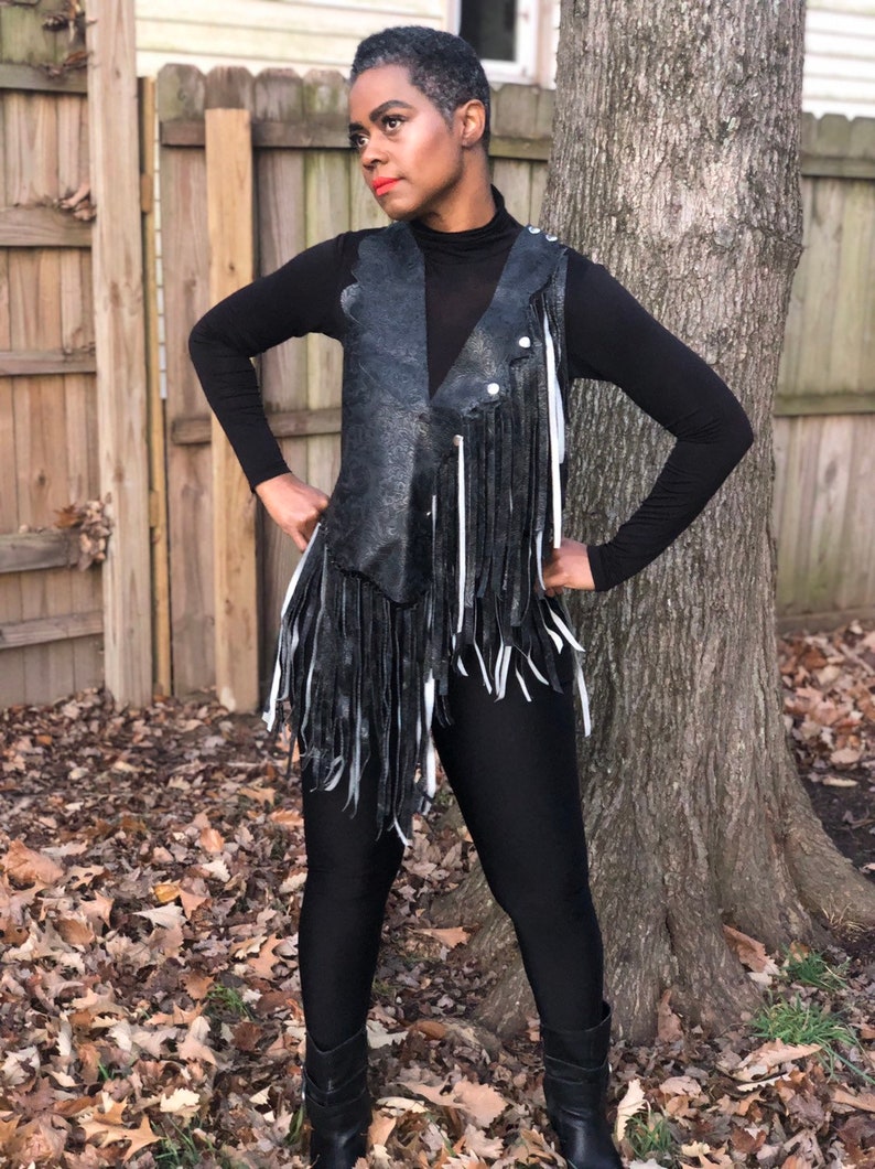 Faux Leather, Fringe Vest, Unique Dress Top, Unisex, Fringes, Cowboy, Western, Music Festival, BohoChic, Vegan Black leather, Cowgirl, image 7