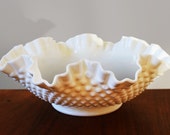Vintage Fenton White Hobnail Bowl, Ruffled Edge Large Bowl, Mid Century, Milk Glass