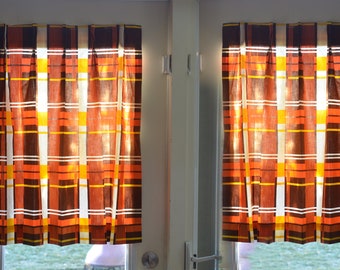 Vintage Half Curtain Panels, Orange and Brown plaid pattern with pleated top, Set of 2 circa 1970, Half Window Size 34" long