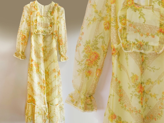 Vintage Yellow Chiffon Dress circa 1970s, Gunne S… - image 1