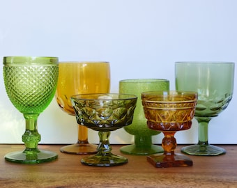 Vintage Mismatched Goblets, Set of 6 Amber and Green, Sherbets Champagne Coupes and Wine Glasses, Mid Century Barware circa 1960s