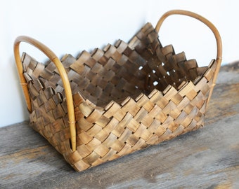 Vintage plaited reed basket, Modern Prairie, rustic farmhouse decor, wide diagonal weave, Rustic boho decor, Basket Decor