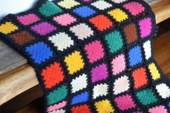 その他 USA Vintage Granny Blanket Vintage Crochet Granny Square Throw Blanket, 1970s Multicolor Wool