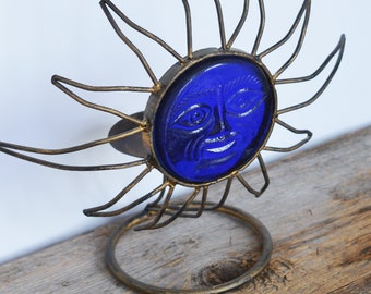 Vintage Cobalt Celestial Candle Holder circa 1990s, Metal and Glass Sun Face, Sun and Moon, Celestial Decor