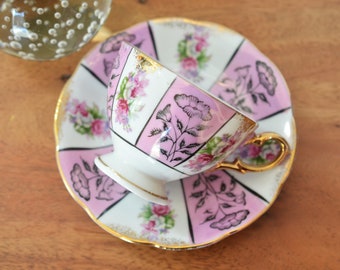 Vintage Japanese Pink and Gold Panelled Teacup & Saucer - Hand-Painted Japan Tea Cup, Vintage Tea Party