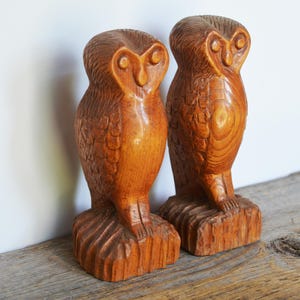 May include: Two wooden owl figurines with detailed carvings. The owls are a warm, medium brown color and stand on carved wooden bases. The carvings depict feathers and facial features. The figurines are displayed on a wooden surface.