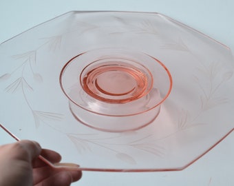 Vintage Pink Depression Glass Cake Platter, Art Deco etched floral design circa 1929-1933, Footed Cake Plate, or Serving Platter