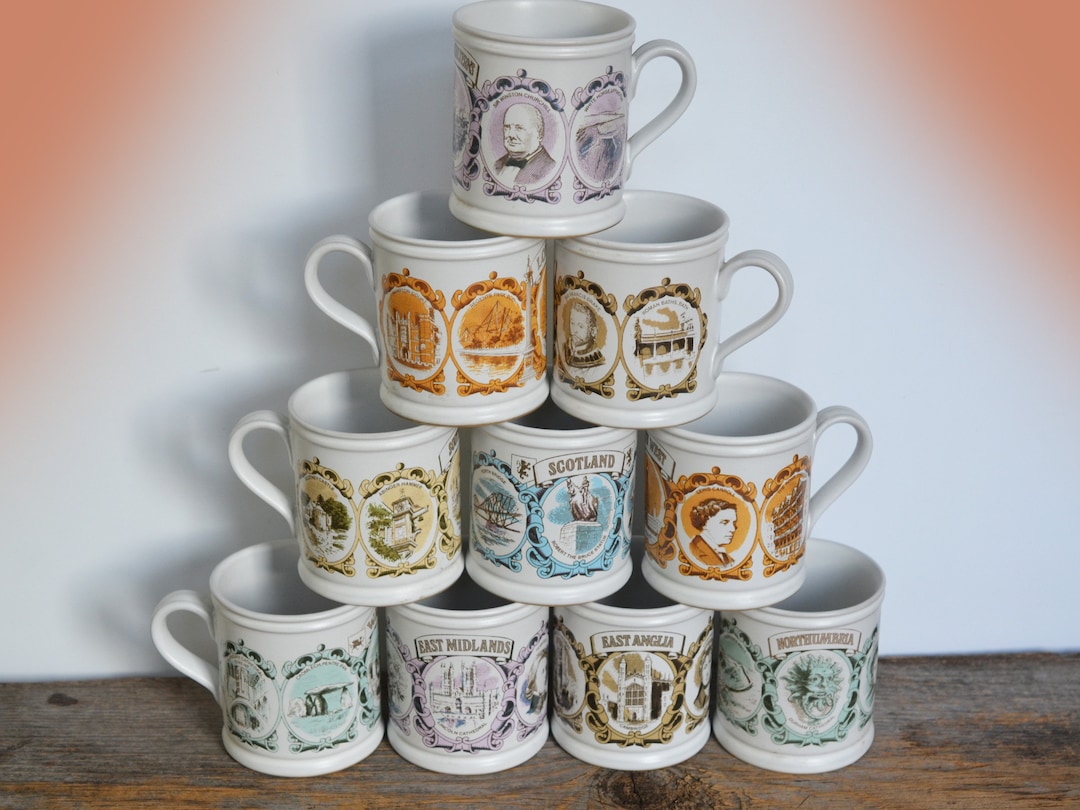 Vintage Denby English Coffee Mugs, 'regions and Counties' Series, Sold