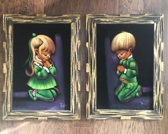 Vintage Black Velvet Praying Children Paintings, Framed Mexican Art