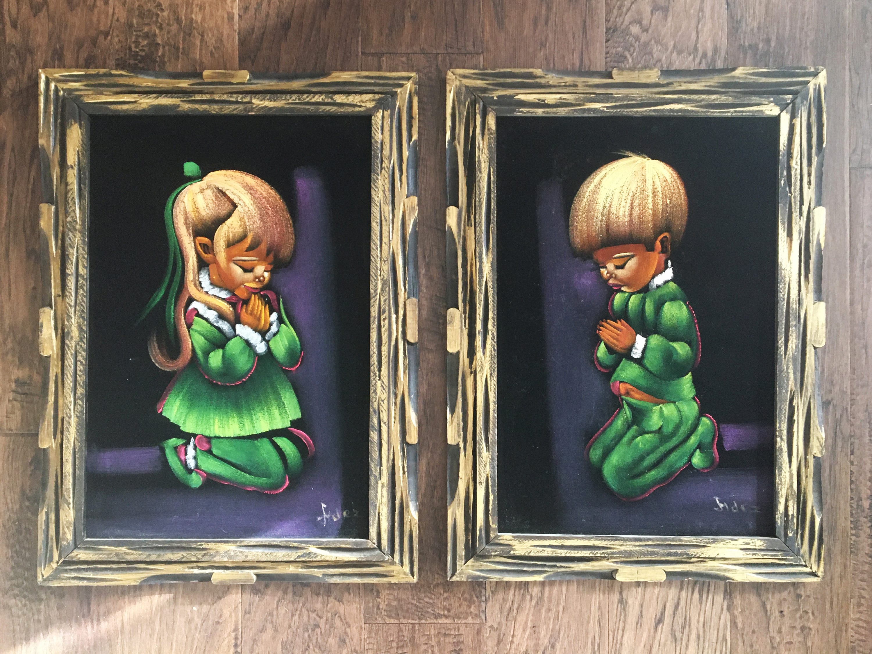 Vintage Black Velvet Praying Children Paintings, Framed Mexican
