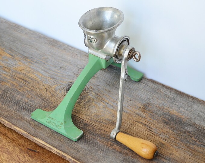 Vintage Spong Meat Grinder Model 301, Turquoise Metal Base, Made in