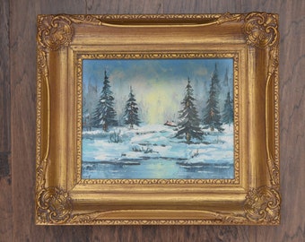 vintage Peinture à l'huile Paysage d'hiver, Oeuvre originale, Nature Paysage encadré art vers 1960, Paysages canadiens, 13,25" par 15,5"