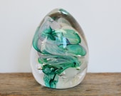 Vintage Paperweight, Egg Shaped Glass, Turquoise Swirls, 3.75 quot tall solid glass, Signed RGP, Office Decor, Glass Gift, Art Glass