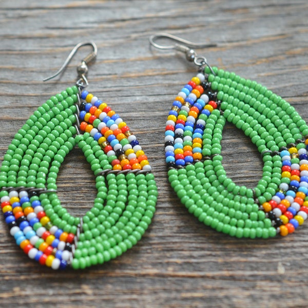 Vintage African Maasai Earrings, Green Beaded Colorful Teardrop Earrings, Zulu Bead Work Made in Kenya, Tribal Jewelry