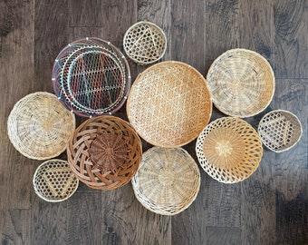 Vintage Binga Basket Gallery, Wicker Rattan wall Baskets, set of 10 Woven Straw Boho Wall Decor, Tonga Basket Decor