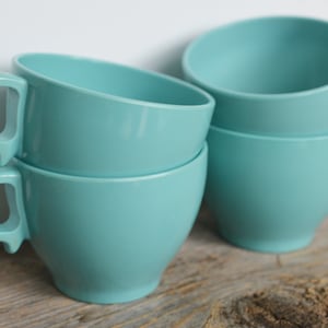 Vintage Turquoise Melmac coffee mugs, set of 4 made in Canada circa 1960s, camping set, RV dishes, trailer or Boler set