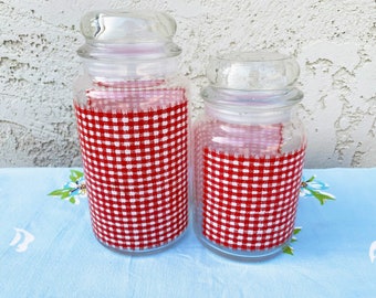 Vintage Pair of Anchor Hocking Red Gingham Canisters, Red checkered glass kitchen storage, Sealing lids, Farmhouse kitchen