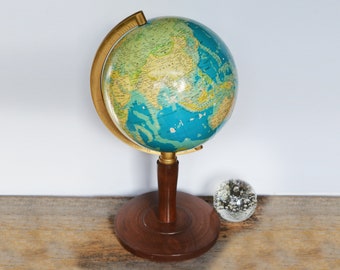 Vintage World Globe on Wooden Stand, Atlas Brand circa 1950s, 17" tall with wooden base, Mid Century Globe