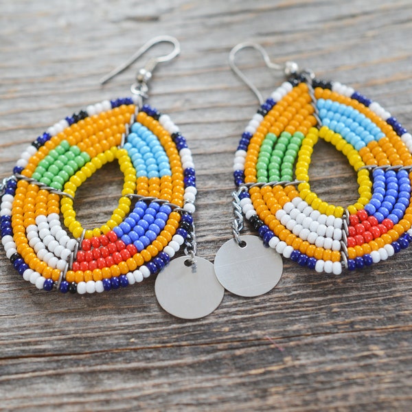 Vintage African Maasai Earrings, Beaded Colorful Teardrop Earrings with silver discs, Zulu Bead Work Made in Kenya, Tribal Jewelry