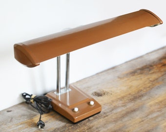 Vintage brown desk lamp, fluorescent task light with adjustable gooseneck, metal construction, vintage retro office lighting