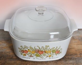 Vintage Corningware 'Spice of Life' 5L Casserole, French Herbs, Square shape with handles, classic 1980s kitchen, vintage kitchen