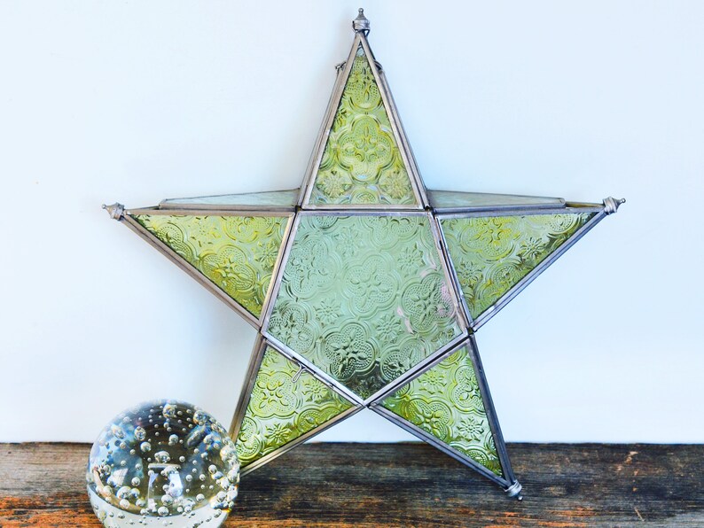 Vintage Glass Star Candle Holder Circa 1980s Green Patterned Etsy