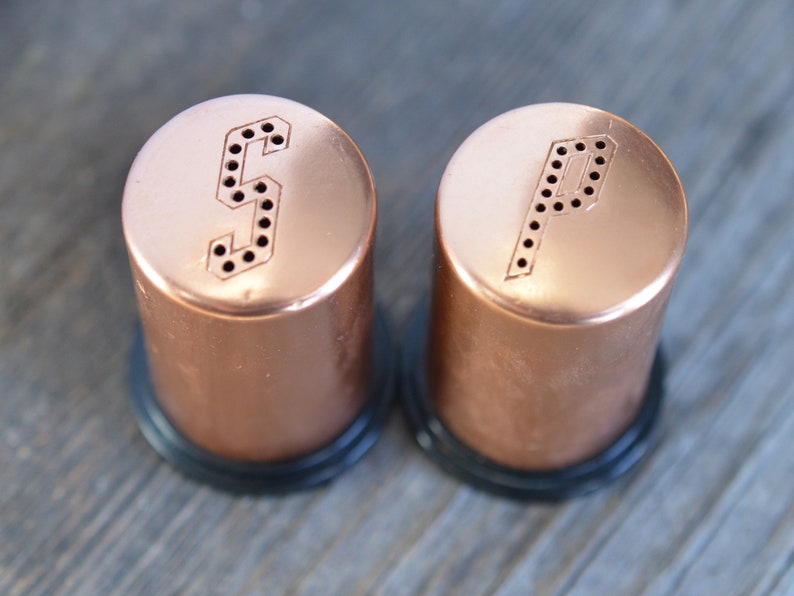 made in USA circa 1950s Vintage Copper Kitchen salt and pepper shakers stamped holes for S /& P