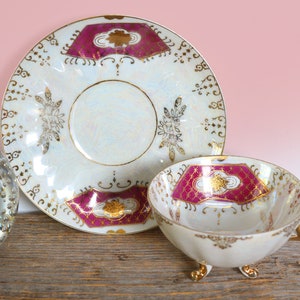 Vintage Japanese Cranberry and Gold Vignette Teacup & Saucer - Iridescent with triple foot, Hand-Painted Japan Tea Cup, Vintage Tea Party