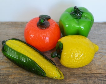 Vintage Murano Glass Vegetables and Fruit, Set of 4 including Corn, Lemon, Green Pepper and Orange - Fruit Basket, Home Decor
