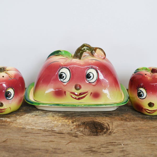 Vintage PY Apple Anthropomorphic Apple Set, Butter Dish and Salt and Pepper Shakers, made in Japan circa 1960s, Mid Century Kitsch