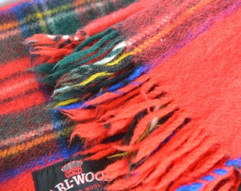 Vintage Earl-wood Scottish Wool Blanket, Red Stewart Clan Plaid