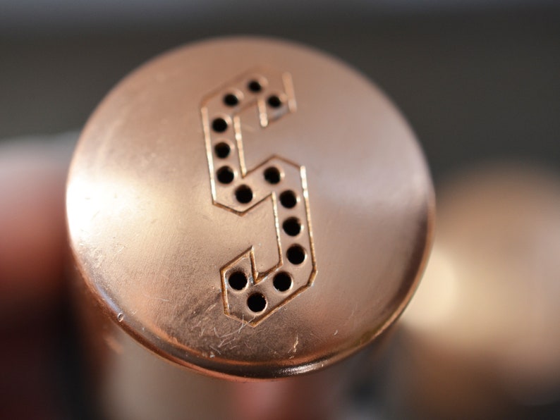 made in USA circa 1950s Vintage Copper Kitchen salt and pepper shakers stamped holes for S /& P