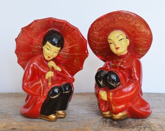 Vintage Red Chalkware Asian Figurines, Mid Century Chinoiserie Decor