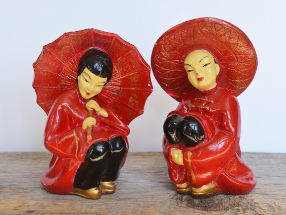 Vintage Chalkware Asian Figurines, Red Painted Chalkware