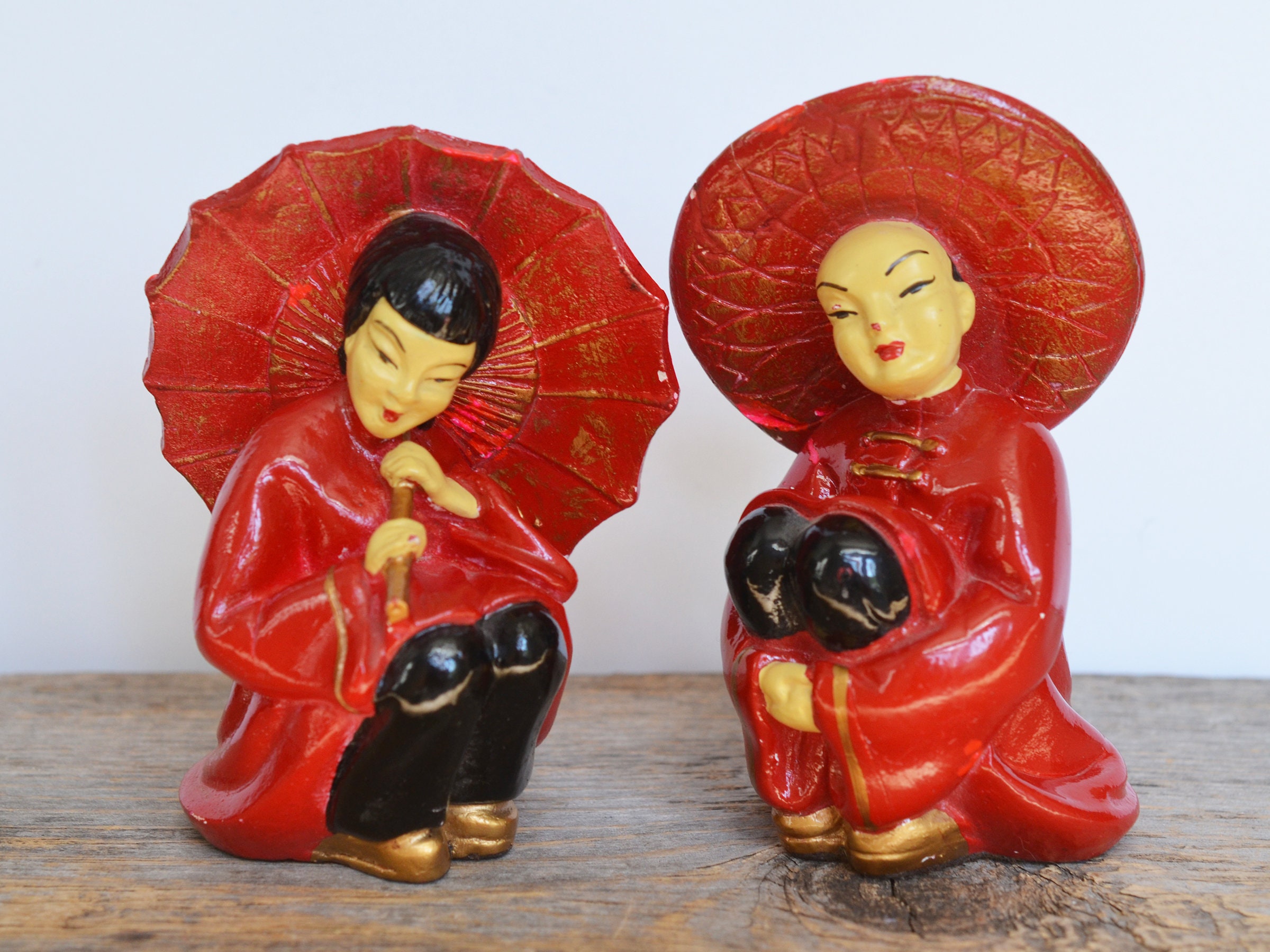 Vintage Chalkware Asian Figurines, Red Painted Chalkware Vintage Chalkware Asian Figurines, Red Painted Chalkware