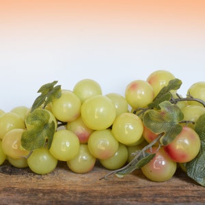 Vintage Plastic Grapes circa 1970s, Light Green Large Clusters with plastic leaves, 15.5” long and 1.5” grapes, Mid Century kitsch fruit