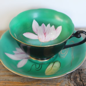 Vintage Princess China Occupied Japan Green teacup & saucer hand-painted featuring water lilies, bone china