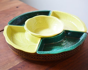 Vintage California Originals Lazy Susan Set, Chartreuse and Dark Green California Pottery circa 1950s, Dinner Party Hors D'oeuvre