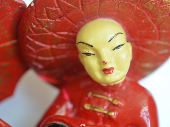 Vintage Chalkware Asian Figurines, Red Painted Chalkware Vintage Chalkware Asian Figurines, Red Painted Chalkware