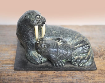 Vintage Wolf Originals Walrus Sculpture, Inuit Art, Mother and Calf