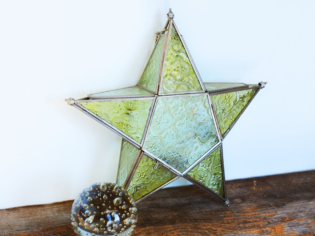 Vintage Glass Star Candle Holder Circa 1980s, Green Patterned Glass