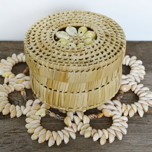 Könnte beinhalten: Ein runder geflochtener Korb mit Deckel, verziert mit kleinen weißen Muscheln. Der Korb steht auf einer Holzoberfläche mit einem dekorativen Kreis aus größeren weißen Muscheln.