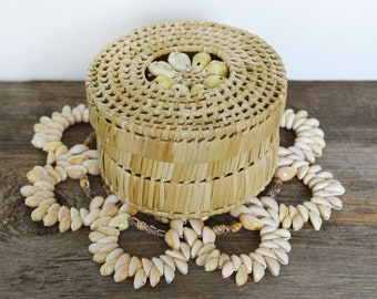 Vintage Wicker Small Basket, Cowrie Shell Decoration on lid, Trinket Holder Basket, Bohemian Decor